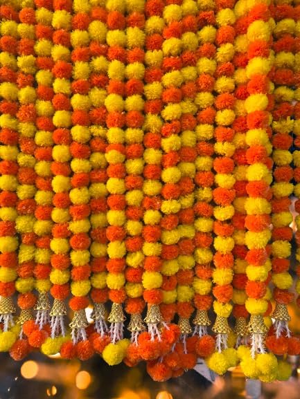 5 Pc 5 feet Long Marigold Garland for Decoration Long Strands Artificial Marigold Flowers | Indian Décor for Pooja | Wedding | Christmas | Diwali Decor (Yellow & Orange)