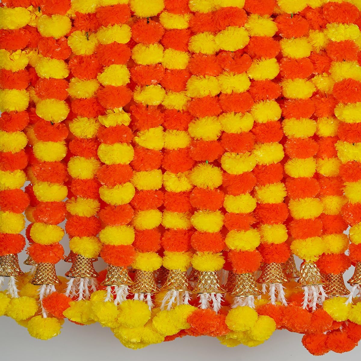 5 Pc 5 feet Long Marigold Garland for Decoration Long Strands Artificial Marigold Flowers | Indian Décor for Pooja | Wedding | Christmas | Diwali Decor (Yellow & Orange)