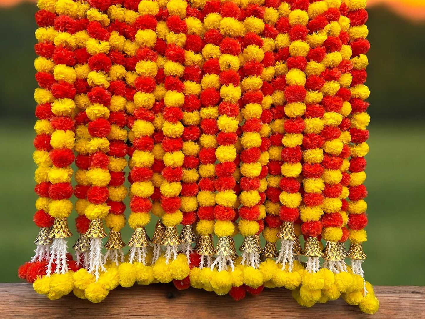 5 Pc 5 feet Long Marigold Garland for Decoration Long Strands Artificial Marigold Flowers | Indian Décor for Pooja | Wedding | Christmas | Diwali Decor (Yellow & Orange)